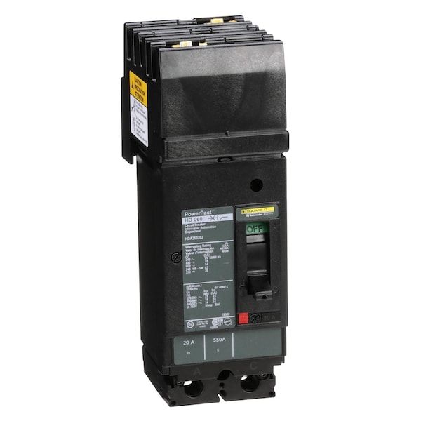 Square D Molded Case Circuit Breaker, HDA Series, 20A, 2 Pole, 600V AC, 25kA at 240V AC - HDA260202