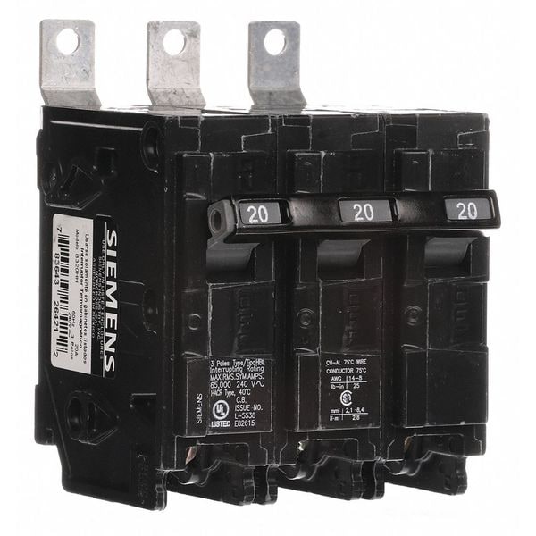Siemens Miniature Circuit Breaker, BL Series, 20A, 3 Pole, 240V AC, 65kA at 240V AC - B320HH