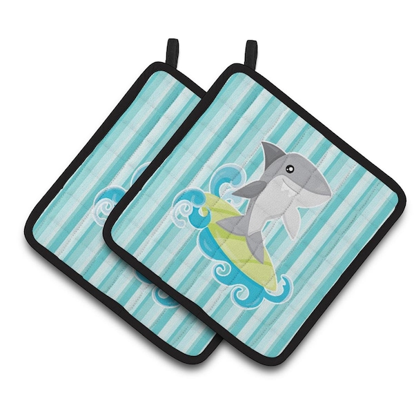 Carolines Treasures Surfin Shark on Stripes Pair of Pot Holders - BB6942PTHD