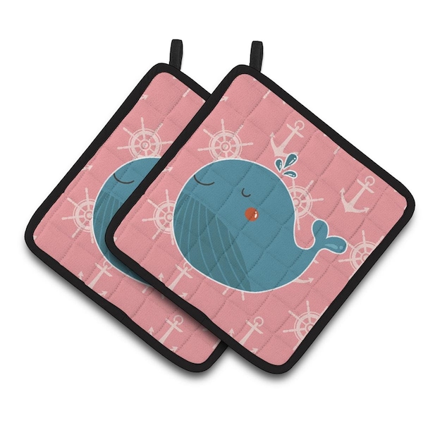 Carolines Treasures Whale on Pink Nautical Pair of Pot Holders - BB7160PTHD