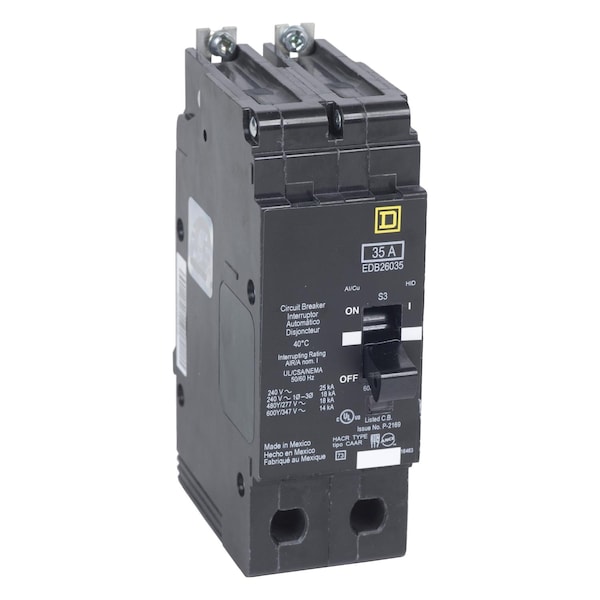 Square D Miniature Circuit Breaker, EDB Series, 50A, 2 Pole, 347/600V AC, 25kA at 120V AC - EDB26050