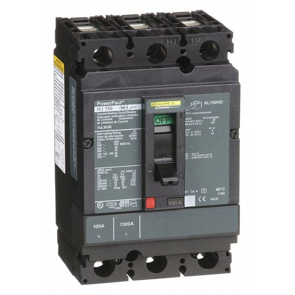 Square D Molded Case Circuit Breaker, HJL Series, 100A, 3 Pole, 600V AC, 100kA at 240V AC - HJL36100