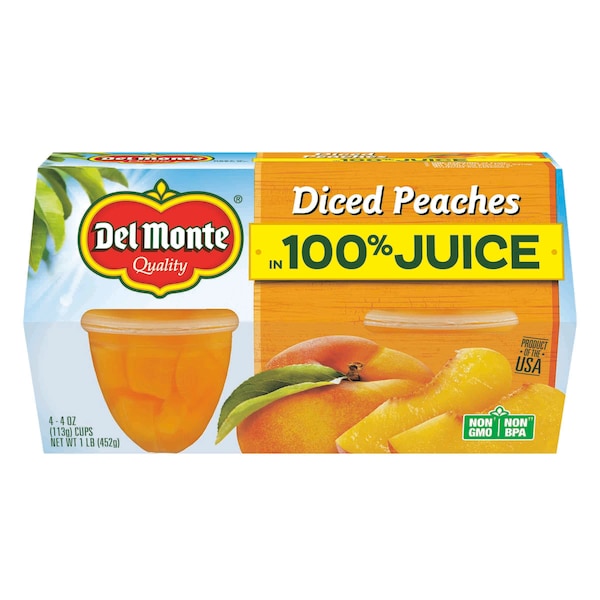 Del Monte Durazno Picado en Jugo 100% en Tazón de Plástico de 4 oz, Paquete de 24 - 2000165