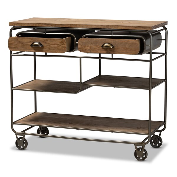 Baxton Studio Grant Vintage Oak Brown Finished Wood and Black Finished Metal 2-Drawer Kitchen Cart - 177-11201-Zoro