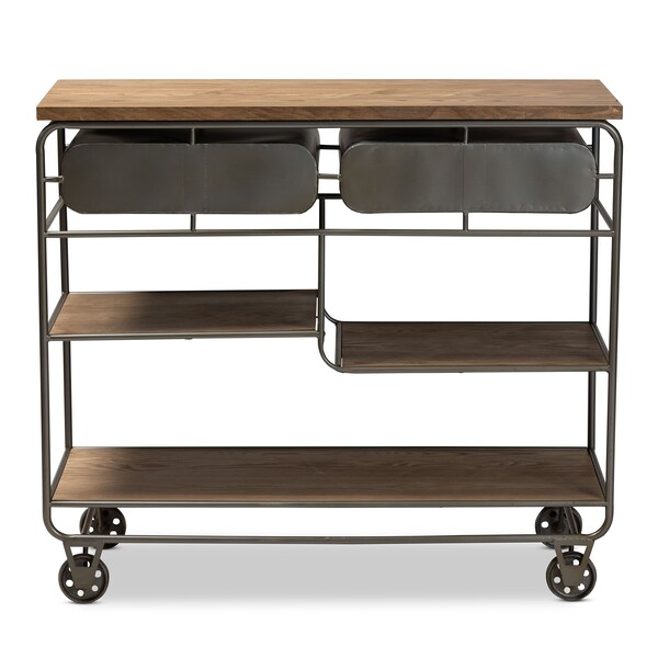 Baxton Studio Grant Vintage Oak Brown Finished Wood and Black Finished Metal 2-Drawer Kitchen Cart - 177-11201-Zoro