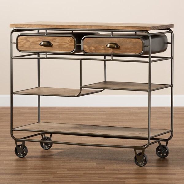 Baxton Studio Grant Vintage Oak Brown Finished Wood and Black Finished Metal 2-Drawer Kitchen Cart - 177-11201-Zoro