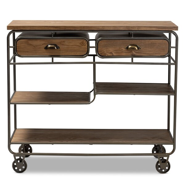 Baxton Studio Grant Vintage Oak Brown Finished Wood and Black Finished Metal 2-Drawer Kitchen Cart - 177-11201-Zoro