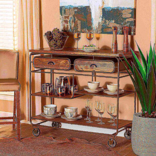 Baxton Studio Grant Vintage Oak Brown Finished Wood and Black Finished Metal 2-Drawer Kitchen Cart - 177-11201-Zoro