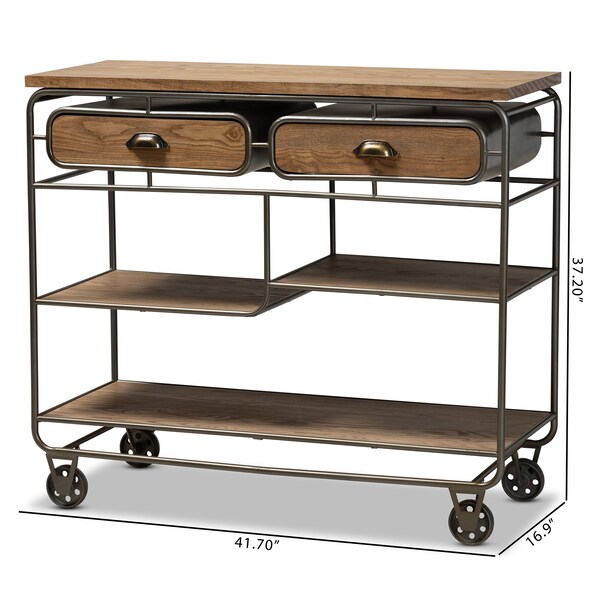 Baxton Studio Grant Vintage Oak Brown Finished Wood and Black Finished Metal 2-Drawer Kitchen Cart - 177-11201-Zoro