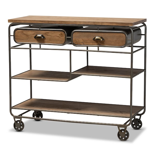 Baxton Studio Grant Vintage Oak Brown Finished Wood and Black Finished Metal 2-Drawer Kitchen Cart - 177-11201-Zoro