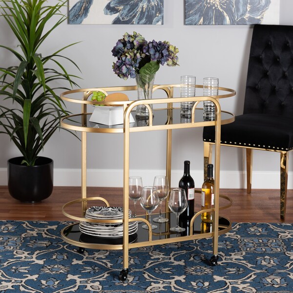Baxton Studio Leighton Contemporary Glam and Luxe Gold Metal and Tempered Glass 2Tier Wine Cart - 221-12525-ZORO