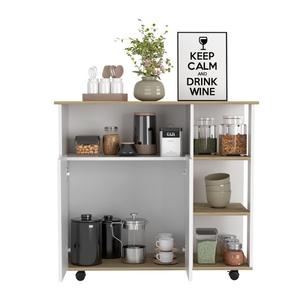 Tuhome Paprika Kitchen Cart, Four Casters, Four Open Shelves, Double Door Cabinet, Light Oak/White - MDB7166