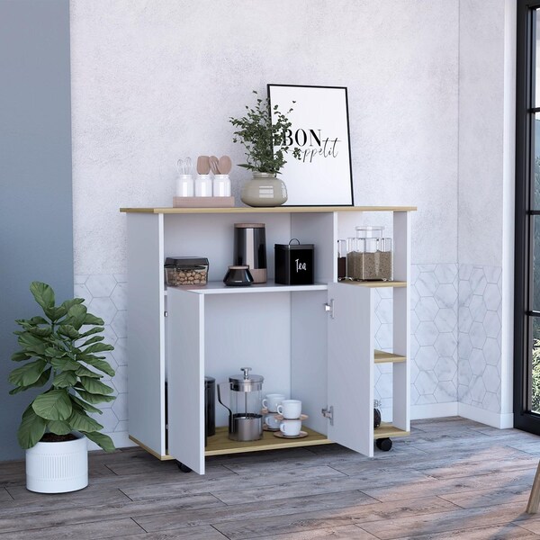 Tuhome Paprika Kitchen Cart, Four Casters, Four Open Shelves, Double Door Cabinet, Light Oak/White - MDB7166