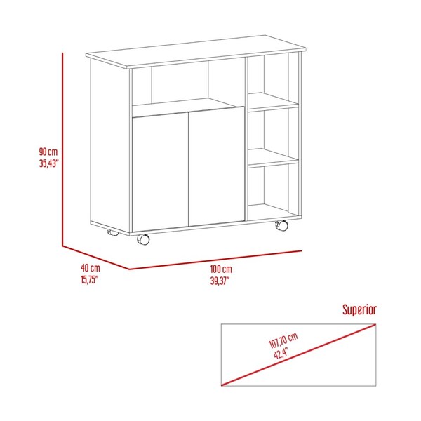 Tuhome Paprika Kitchen Cart, Four Casters, Four Open Shelves, Double Door Cabinet, Light Oak/White - MDB7166