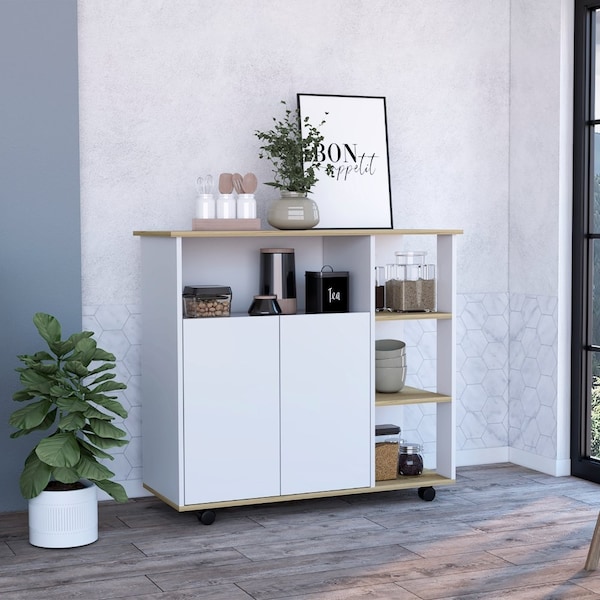 Tuhome Paprika Kitchen Cart, Four Casters, Four Open Shelves, Double Door Cabinet, Light Oak/White - MDB7166