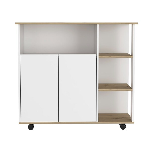 Tuhome Paprika Kitchen Cart, Four Casters, Four Open Shelves, Double Door Cabinet, Light Oak/White - MDB7166