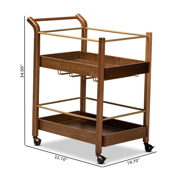 Baxton Studio Tahir Modern Walnut Brown Finished Wood and Antique Gold Finished Metal 2-Tier Mobile Bar Cart - 184-9041-Zoro