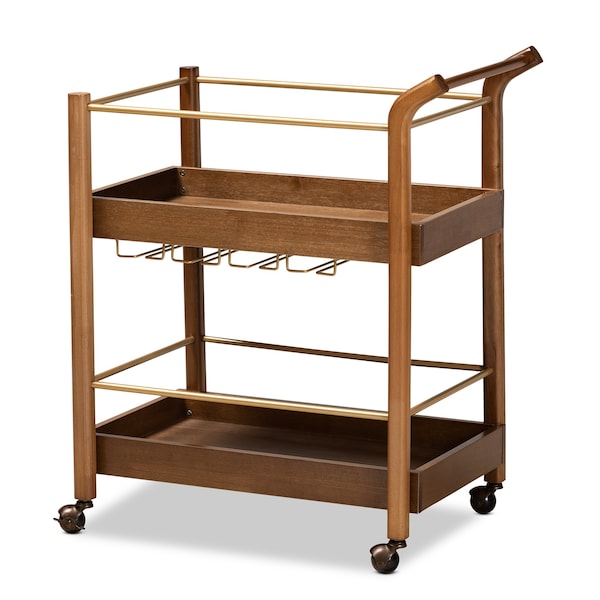 Baxton Studio Tahir Modern Walnut Brown Finished Wood and Antique Gold Finished Metal 2-Tier Mobile Bar Cart - 184-9041-Zoro