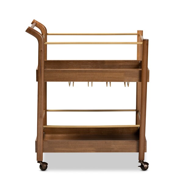 Baxton Studio Tahir Modern Walnut Brown Finished Wood and Antique Gold Finished Metal 2-Tier Mobile Bar Cart - 184-9041-Zoro