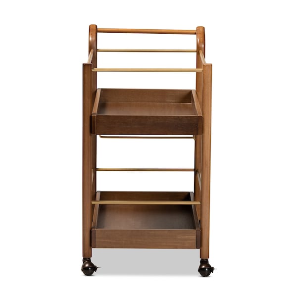 Baxton Studio Tahir Modern Walnut Brown Finished Wood and Antique Gold Finished Metal 2-Tier Mobile Bar Cart - 184-9041-Zoro
