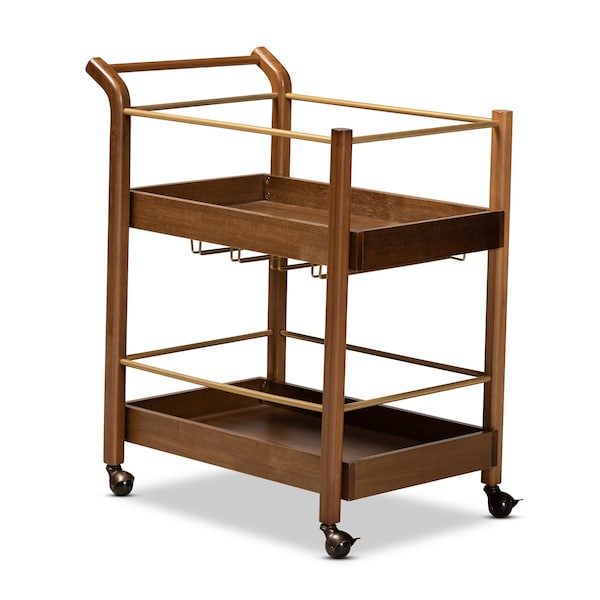 Baxton Studio Tahir Modern Walnut Brown Finished Wood and Antique Gold Finished Metal 2-Tier Mobile Bar Cart - 184-9041-Zoro