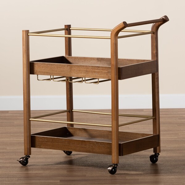 Baxton Studio Tahir Modern Walnut Brown Finished Wood and Antique Gold Finished Metal 2-Tier Mobile Bar Cart - 184-9041-Zoro