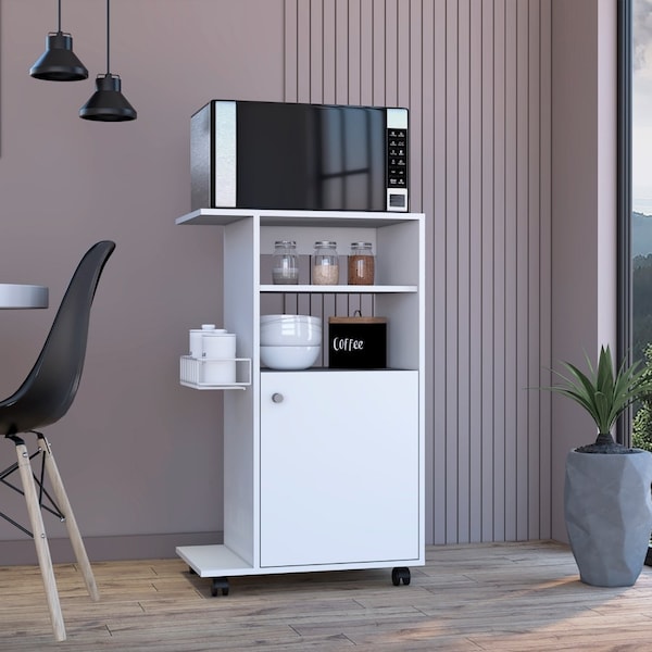 Tuhome Clip Kitchen Cart, Single Door Cabinet, Four Casters, White - MLB6771