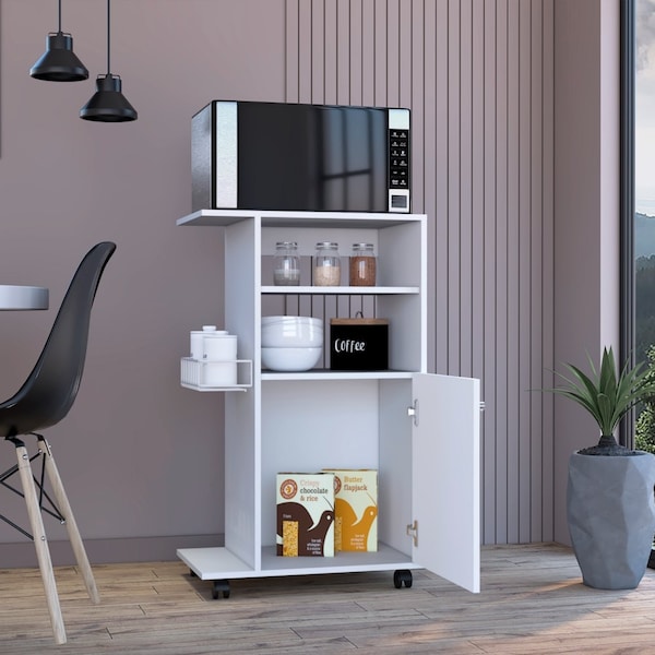 Tuhome Clip Kitchen Cart, Single Door Cabinet, Four Casters, White - MLB6771