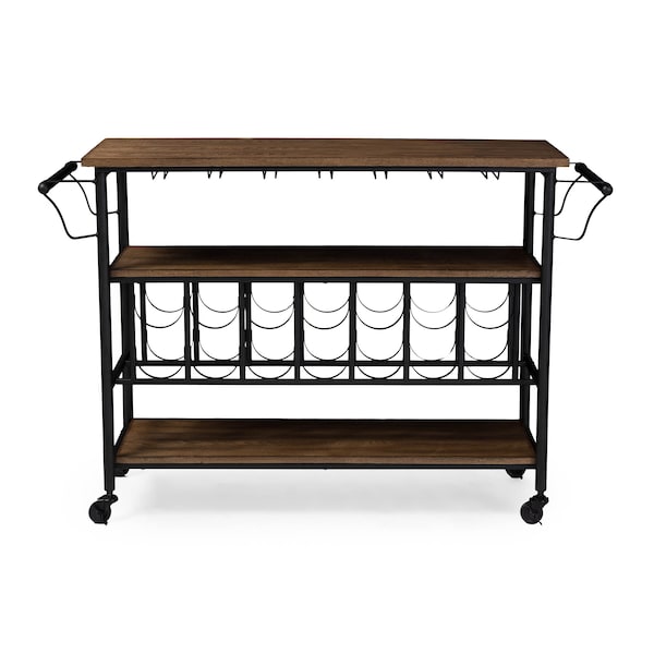 Baxton Studio Bradford Metal Distressed Wood Mobile Bar Serving Wine Cart - 121-6649
