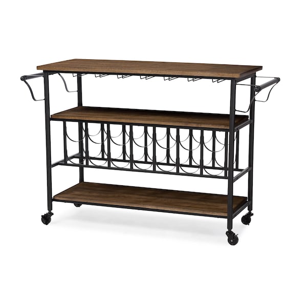 Baxton Studio Bradford Metal Distressed Wood Mobile Bar Serving Wine Cart - 121-6649