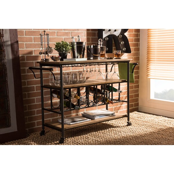Baxton Studio Bradford Metal Distressed Wood Mobile Bar Serving Wine Cart - 121-6649