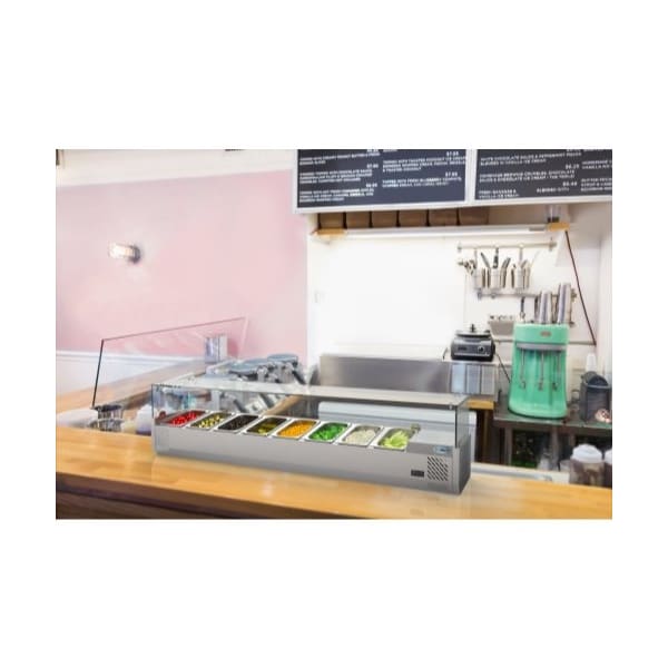 Koolmore Refrigerated Countertop Condiment Prep Station with Glass Sneeze Guard - SCDC-8T