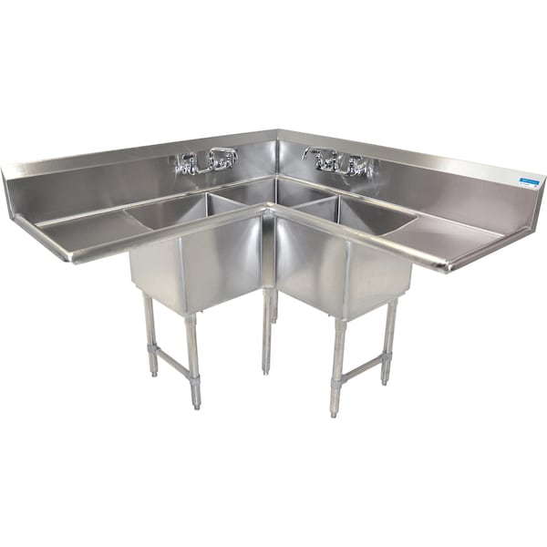 Bk Resources Stainless Steel 3 Compartment Corner Sink W/2-24" Drainboards 18X18X14 - BKCS-3-18-14-24T
