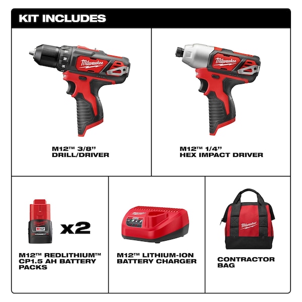 Milwaukee Tool Cordless Combo Kit, 12.0 V, 2 Tools, 2 Batt - 2494-22, 48-11-2440