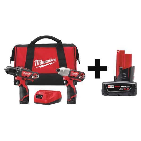 Milwaukee Tool Cordless Combo Kit, 12.0 V, 2 Tools, 2 Batt - 2494-22, 48-11-2440