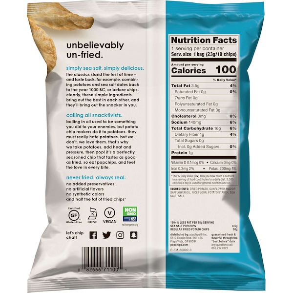 Popchips 0.8 oz. Botana de Papas con Sal Marina, Kosher-Parve, PK24 - F-AR-71100