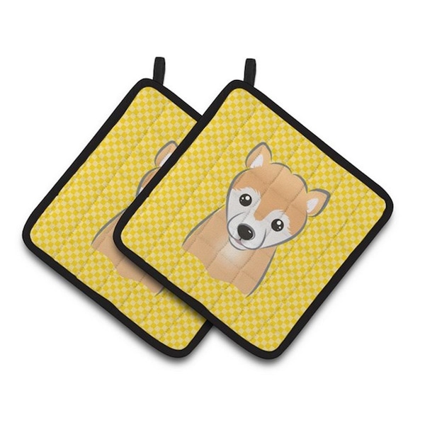 Carolines Treasures Yellow Checkered Shiba Inu Pair of Pot Holders, 7.5 x 3 x 7.5 in. - BB1133PTHD