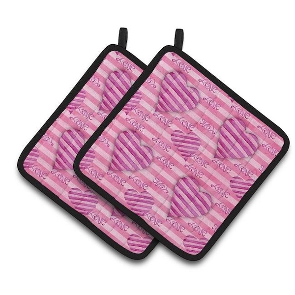 Carolines Treasures Carolines Treasures BB7566PTHD Watercolor Hot Pink Striped Hearts Pair of Pot Holders - BB7566PTHD