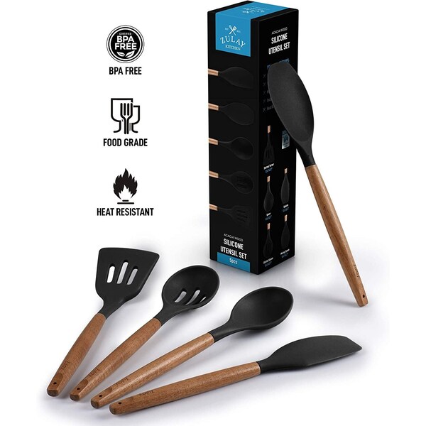 Zulay Kitchen Utensil Set 5 Pcs Silicone w Wood Handle - ZULB085YFQB23