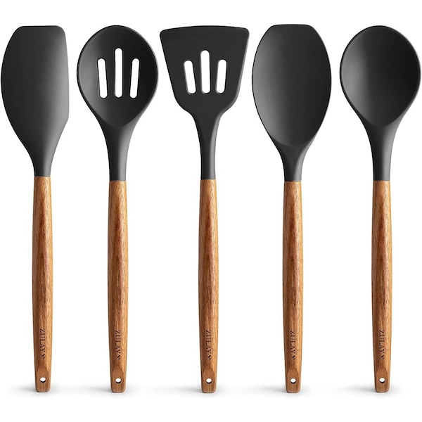 Zulay Kitchen Utensil Set 5 Pcs Silicone w Wood Handle - ZULB085YFQB23