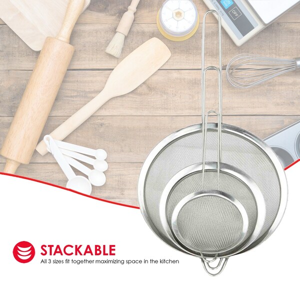 Home Basics Home Basics 3 Piece Mesh Stainless Steel Strainer Set, Silver - ZOR96183