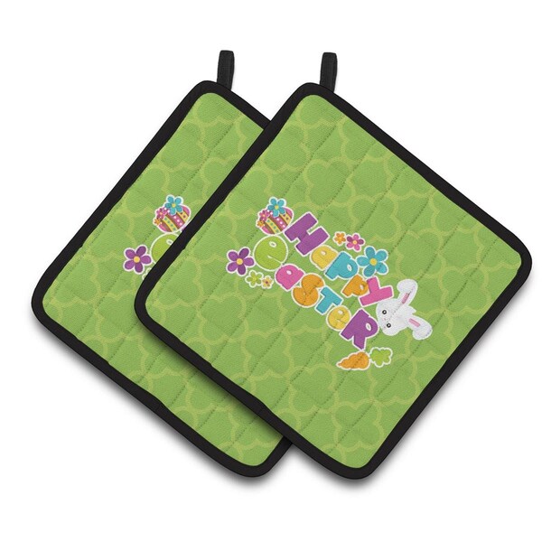 Carolines Treasures Happy Easter Green Quatrafoil Pair of Pot Holders - BB6900PTHD