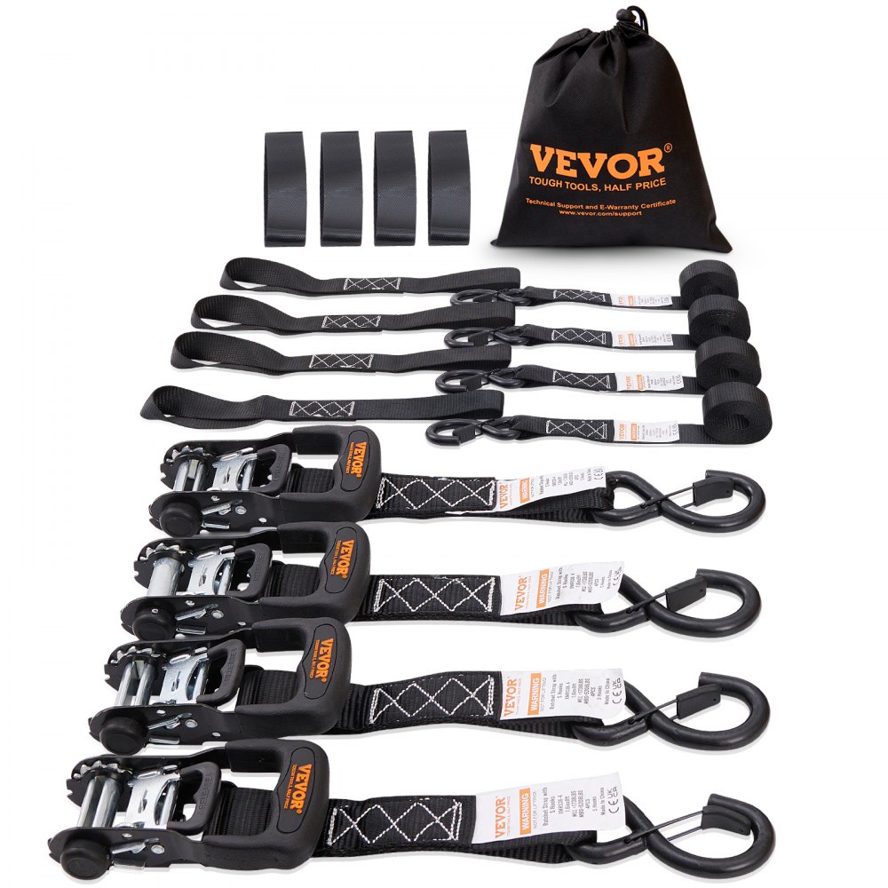 VEVOR Ratchet Tie Down Straps (4PK), 5208 lb Max Break Strength, Includes 4 Premium 1.6" x 8' Rachet Tie Downs with Padded Handles, for Moving Securing Cargo, Appliances, Lawn Equipment, Motorcycle - XGJLDXGS16X84KEGNV0