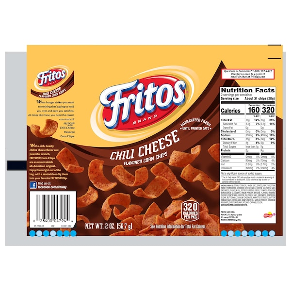 Fritos 2.00 oz. Frito Chili Cheese, PK64 - 00028400443548

Fritos 2.00 oz. Frito Chile con Queso, PK64 - 00028400443548