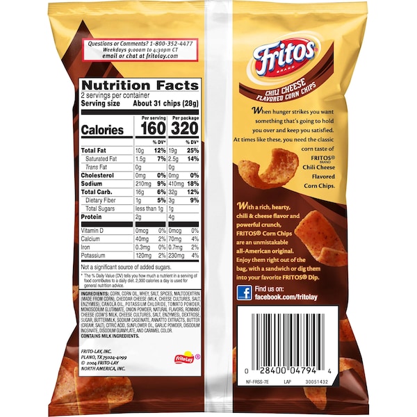 Fritos 2.00 oz. Frito Chili Cheese, PK64 - 00028400443548

Fritos 2.00 oz. Frito Chile con Queso, PK64 - 00028400443548