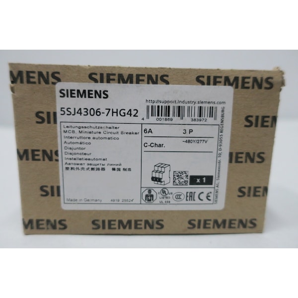 Siemens Miniature Circuit Breaker, 5SJ4 Series, 6A, 3 Pole, 277/480V AC - 5SJ4306-7HG42