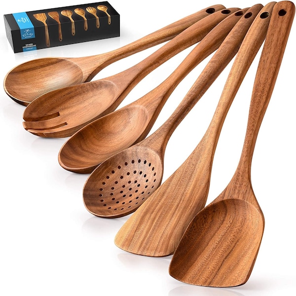 Zulay Kitchen Wooden Cooking Utensils w Comfortable Grip  6 Pieces - ZULB085W92DL4