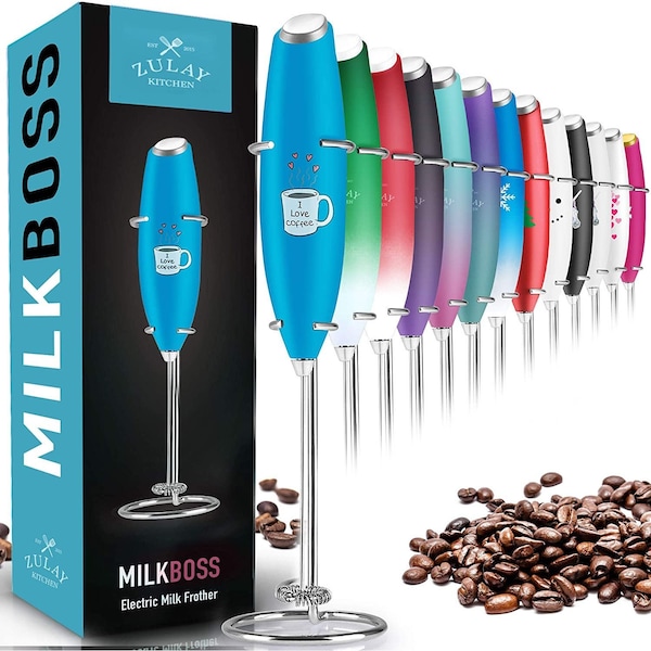 Zulay Kitchen Milk Frother OG w Stand  Teal I LOVE COFFEE - ZULB087QPNW6N