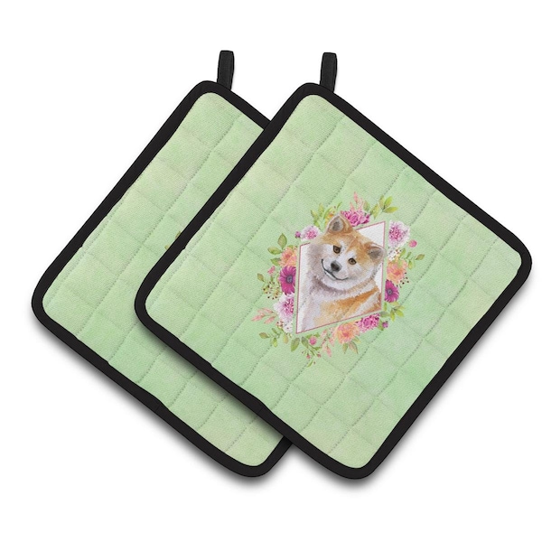 Carolines Treasures 7.5 x 7.5 in. Shiba Inu Green Flowers Pair of Pot Holders - CK4343PTHD