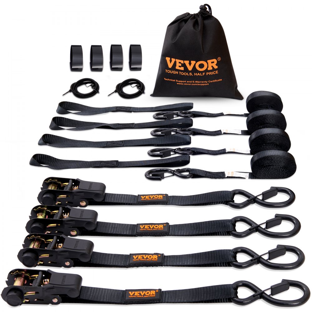 VEVOR Ratchet Tie Down Straps (4PK), 2200 lb Max Break Strength, Includes 4 Premium 1" x 15' Rachet Tie Downs with Padded Handles, for Moving Securing Cargo, Appliances, Lawn Equipment, Motorcycle - XGJLDXGS1X154F4R0V0